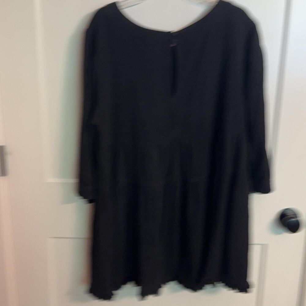 Umgee Dress Sz XL Black Linen Cotton Swing Trapeze Fringe Hem 3/4 Sleeve Boho